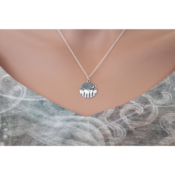 Sterling Silver Mountain Charm with Trees and Bronze Moon Necklace - Picture 3 of 7